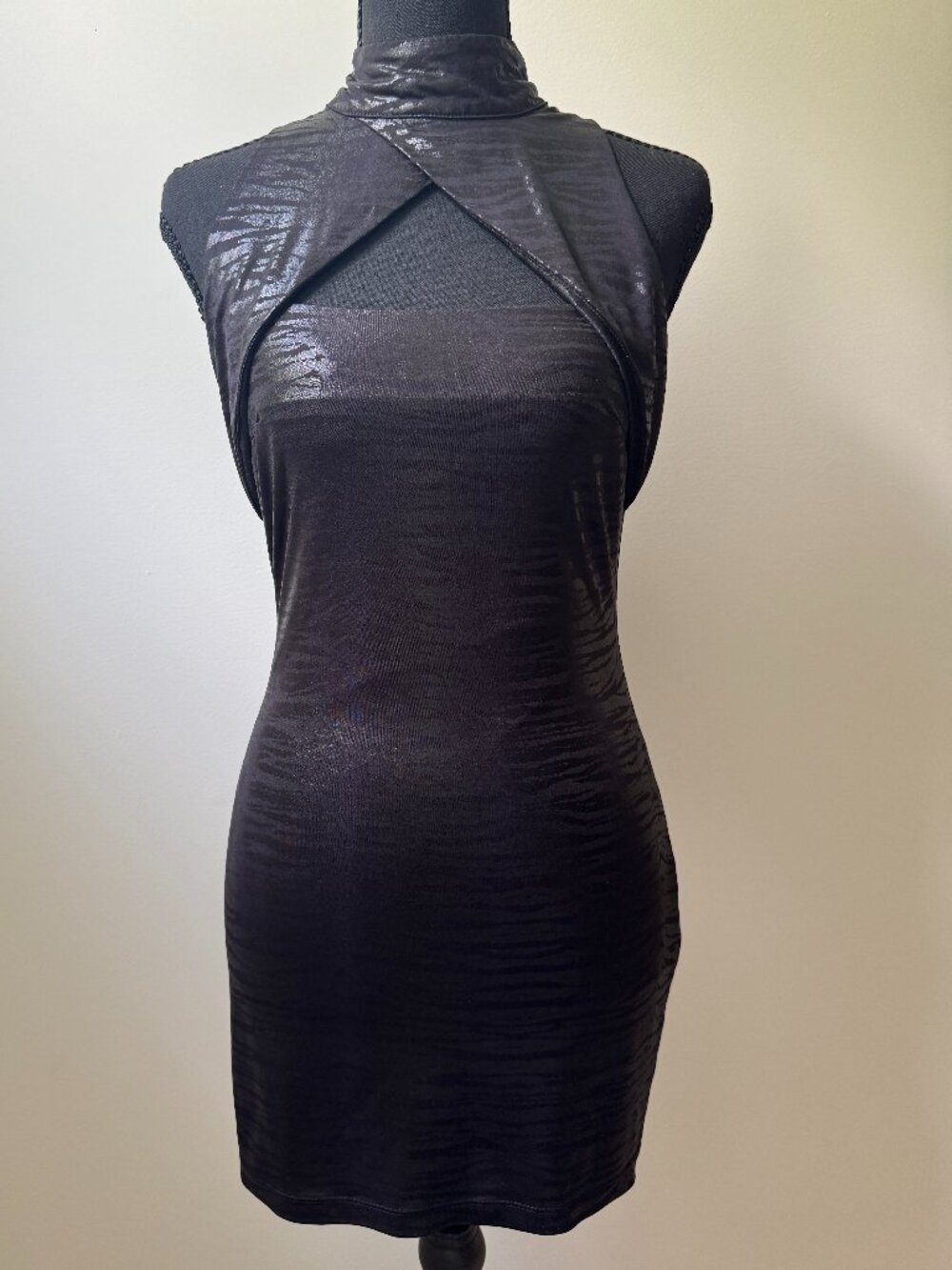 Nikibiki Black Metallic Animal Print Mock Neck Cutout Mini Dress - Size S